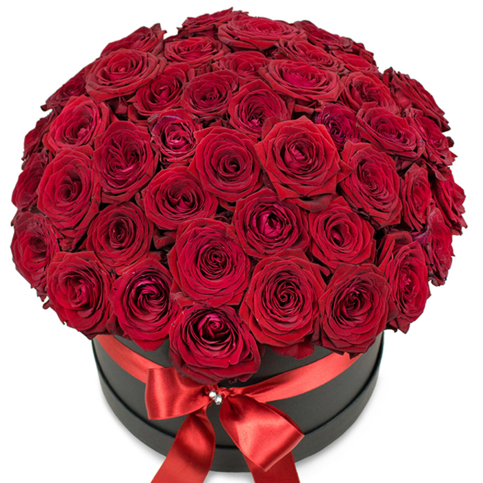 This stunning luxury arrangement, thoughtfully created in Stanmore, features an abundance of deep crimson roses, their velvet petals layered in meticulous harmony atop a classic matte black round hatbox. The careful doming of the roses gives the bouquet an overflowing, exuberant quality, with blooms both tightly closed and softly opening to display intricate textures and unyielding freshness. Around the hatbox, a sumptuous red satin ribbon is tied flawlessly, its bow graced by a sparkling crystal embellishment that glistens in the gentle North West London light. The rich red of the flowers is heightened by the box's sleek black surface and the clean white backdrop, drawing full attention to every luxurious detail. Evoking celebration and deep affection, and drawing inspiration from the stately homes and serene parks of Stanmore, this arrangement is perfectly suited for heartfelt romantic gestures, anniversaries, or even grand proposals. Each element, from the ribbon's sheen to the roses' intoxicating beauty, demonstrates the craftsmanship and passion of Stanmore's trusted flower delivery experts.