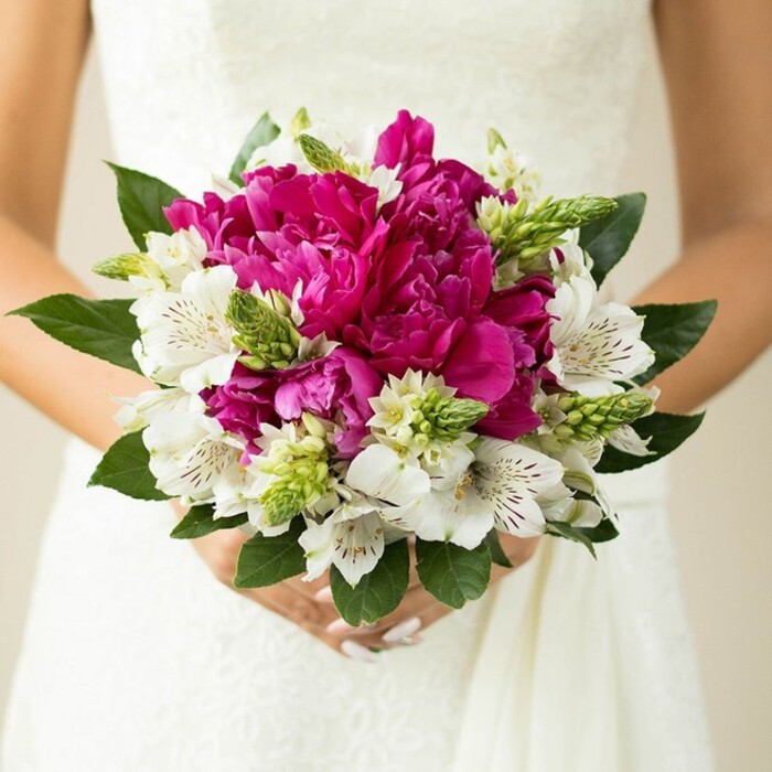 The photograph presents a beautifully detailed close-up of a bridal bouquet held gently at the midsection, the flowers resting against the smooth, softly lit surface of a white wedding dress. At the heart of the arrangement are sumptuous fuchsia and magenta peonies, their petals densely packed and richly layered, forming a rounded, almost cushion-like centre that immediately draws attention. Each peony head looks freshly opened, with edges that curl and ruffle, catching the light in subtle highlights and shadows. Surrounding and weaving through these statement blooms are white alstroemeria, their petals slim and slightly flared, delicately patterned with fine maroon speckles and streaks that create a sense of depth and refinement, like intricate embroidery you might spot in a boutique near Stanmore station. Punctuating the composition are bright, spiky green buds and textural filler flowers, which rise and cluster between the larger blooms, adding a dash of wildness and youthful energy to the otherwise classic design. Deep green, glossy leaves fan out around the perimeter, anchoring the vivid colours and providing a natural, leafy frame. The bride's hands, with light pink manicured nails, gently encircle the stems, suggesting both care and anticipation as she prepares for the ceremony. The background is softly blurred, with no identifiable details, allowing the viewer to focus entirely on the interplay of colours-bold magenta, crisp white, and fresh green-and on the tactile contrast between silky petals and firmer greenery. The image feels like a snapshot from a Stanmore wedding morning, when a bouquet crafted by Flower Delivery Stanmore has just been handed over, still cool from the florist's studio and ready to accompany the bride down the aisle.