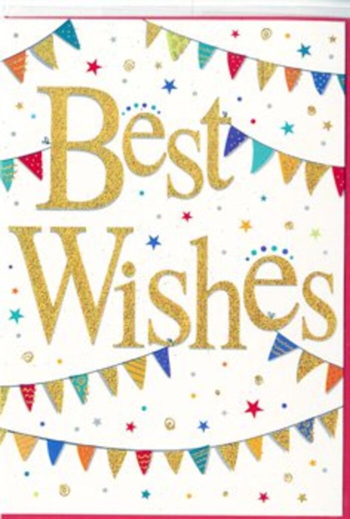In this photograph, a Best Wishes card is displayed, its design combining playful colour with understated sophistication, much like the gentle pace of life in Stanmore. Centred on a pristine white background, the greeting Best Wishes is written in elegant gold script, the letters slightly raised and shimmering as they catch the light from different angles. The gold tone is warm and inviting, with a fine glittering quality that hints at festivity without becoming overly flashy. Above and below this central message, delicate strands of bunting sweep across the card, echoing the look of decorations strung between trees at summer gatherings near Stanmore Country Park or quiet family celebrations at home. Each miniature triangular flag is saturated with colour-bold blues, deep reds, cheerful yellows, verdant greens, and soft pinks-and many are adorned with patterns such as dainty polka dots, crisp stripes, and small geometric designs. These touches give the impression of careful, handcrafted detail. Floating around the bunting and wording is a gentle flurry of star shapes and small circular confetti marks, as if joy has been scattered lightly over the entire design. The card's generous white space provides breathing room, ensuring the eye is drawn first to the glowing gold script and then to the rainbow bunting that frames it. This creates an overall feel of optimism and open possibility. It is easy to imagine a florist slipping this card into a fresh bouquet headed to a new homeowner off The Broadway, a couple celebrating an engagement, or someone embarking on a new job. The card encapsulates a sense of shared pride and best wishes sent from the heart, a simple yet meaningful way to mark life's milestones in and around Stanmore.