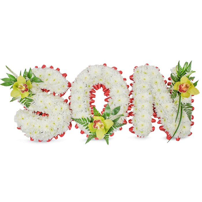 This dignified floral composition spells 'SON' in three-dimensional block letters formed from tight clusters of pure white chrysanthemums, the small blooms packed to produce sculpted, cloud-like shapes with a soft, tactile surface. The clean white background and even lighting allow every fold and petal to be seen clearly, and a continuous loop of bright red ribbon hugs the outer edge of each letter and weaves into the interior of the 'O' to make a scalloped, ribboned border that punctuates the pristine white with vivid colour. Placed as focal accents are three lime-green Cymbidium orchids - each showing a delicate pale orange to reddish-brown marking in its throat - positioned at the upper left curve of the 'S', the lower center of the 'O', and the upper right stroke of the 'N'. These orchids, with their smooth, almost wax-like petals, sit among lengths of glossy green foliage and delicate fern fronds that trail up and out from the letters, lending height and a garden-fresh liveliness to the formal lettering. The contrast between the chrysanthemums' matte white texture, the orchids' satiny sheen and the ribbon's satin gleam provides visual depth and a subtle scent profile that reads as serene and respectful. This arrangement is well suited to funeral chapels, memorial displays and graveside services in Stanmore and nearby Bentley Priory, where families often request a composed, symbolic tribute to honour a beloved son, conveying both purity and enduring affection.