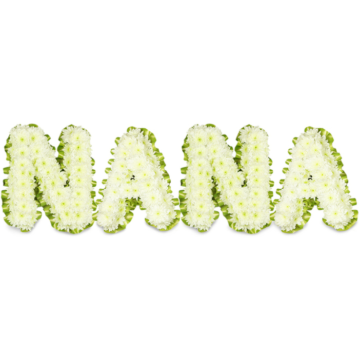 A respectful, highly crafted floral tribute spells out 'NANA' in large, three-dimensional letters, each one built from hundreds of closely packed, pristine white chrysanthemum heads. The small, rounded petals of these button chrysanthemums create a soft, even surface across the face of every character; from a short distance the letters read as luminous blocks of white, while close-up the gentle ruffles and tiny petal edges reveal the careful floral work beneath. A vivid green border - suggestive of fresh foliage or expertly pleated ribbon - traces the perimeter of each letter, its saturated tone setting off the purity of the white blossoms and increasing legibility on the stark white backdrop. Studio light is even and bright, accentuating the arrangement's three-dimensional depth and the freshness of every bloom, while subtle shadows along the letter edges give the piece a sculptural quality.

As a funeral or memorial tribute this composition communicates love and respect for a cherished grandmother, offering a calm visual anchor for a family gathering. I picture it created by a local hand in Stanmore, prepared with the same quiet attention used for tributes delivered to services near Stanmore station, placed at chapels around Stanmore Broadway or brought to commemorations at Bentley Priory. Flower Delivery Stanmore crafts arrangements like this with an emphasis on texture and line - the green border providing both contrast and a whisper of new growth, the white chrysanthemums suggesting peace and remembrance. The overall impression is one of dignified affection: a clean, honest expression of grief and gratitude, designed to comfort those who come to say goodbye.