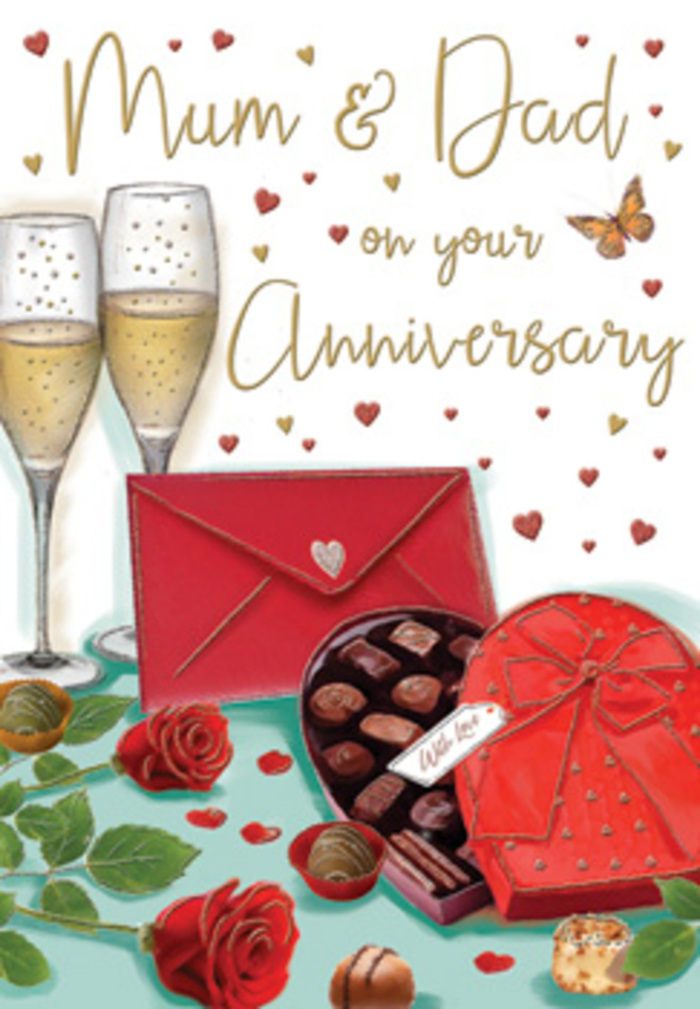 The scene on this anniversary card is painted with the kind of understated luxury that suits a peaceful evening in Stanmore, where a couple might pause to mark another year together. Dominating the foreground are two red roses, illustrated in full bloom with plush, layered petals that seem to curl softly outward, resting against a spray of rich green leaves that provide a natural, calming contrast. The detail invites you to imagine their faint, sweet fragrance, as though the flowers have just arrived from Flower Delivery Stanmore, still cool from transport. Next to the roses is an open, heart-shaped chocolate box, its inside divided neatly to cradle smooth, glossy chocolates in assorted shapes, from round truffles to faceted squares. A lavish scarlet ribbon encircles the box and ties into a full bow, its tails trailing across the surface like a ribbon carefully placed on a gift before an intimate dinner at home. Standing behind this indulgent arrangement are two tall champagne flutes, elegant and slim, filled with golden champagne that catches the light in pale amber tones. The bubbles rise gently through each glass, suggesting that quiet, sparkling sound that accompanies a toast after a leisurely walk near Bentley Priory Nature Reserve. Throughout the background, small hearts in shades of gold and red float amidst graceful, curling lines, framing hand-lettered wishes addressed to Mum & Dad. At the edge of the composition, a deep red envelope lies closed, its crease and pointed flap hinting at a handwritten message of gratitude and love sealed within. Together, these elements create a mood of warmth, romance, and shared indulgence, perfectly capturing the atmosphere of a cherished anniversary celebrated in the comfort of a Stanmore home.