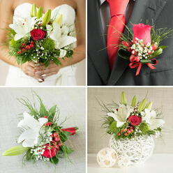 Pinned to the groom's lapel, the boutonniere reads as a quiet, confident statement: a single deep red rose, trimmed close and held with tailored sprigs of green, tiny hypericum berries, and a whisper of baby's breath. Under soft, flattering light the rose's velvety petals take on a subtle sheen that echoes the crimson of a carefully chosen tie, creating a refined colour echo that draws the eye without overwhelming the suit. The foliage supporting the bloom has been clipped with an eye for proportion - leathery leaf textures that sit firm behind the smoothness of the petals, and slender green sprigs that tilt slightly to catch movement as the groom turns. The berries add a delicate crunch of form and a hint of festive colour, while the baby's breath lends a faint, ethereal halo that keeps the piece light and celebratory rather than heavy. There is a faint, living fragrance when one leans in - the rose's warm sweetness softened by green, dew-like notes - and craftsmanship is evident in every tiny stitch of wire and tape holding stems in place. This boutonniere was composed to travel close to the heart, meant to be worn during vows and portraits, and to later remain as a keepsake of an intensely personal day. Imagining it in the context of a Stanmore wedding - arriving by taxi from Stanmore tube, or being pinned in a dressing room near Canons Park - the piece feels rooted in local rhythm as much as in tradition.