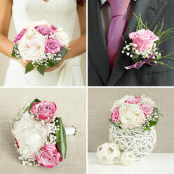 In this image, a complete wedding floral story is told through a small collection of carefully coordinated pieces, as if prepared in a Stanmore florist's studio just before delivery. The bride's bouquet takes pride of place, a full and softly rounded arrangement of creamy peonies and blush-pink roses, each blossom opening into layers of silky petals that look almost weightless. Wisps of white gypsophila are woven between the larger flowers, creating a veil of tiny blooms that lend lightness and an almost ethereal quality. Deeper magenta and gentle lavender roses are tucked in among the softer tones, adding subtle depth and romance, the way shaded areas bring out the contours of the hills near Stanmore Country Park. Encircling the bouquet, smooth deep-green leaves arc and curve, giving structure and contrast, as though the flowers had been freshly gathered from a sheltered garden off Marsh Lane. Set close by is the groom's boutonnière, composed as a refined reflection of the main bouquet: a single lilac rose bud held against feathery foliage and minute clusters of baby's breath, secured with a narrow lavender ribbon that softly gleams. The flowers are photographed in gentle, even light, which caresses each petal and leaf, enhancing their natural textures-from the plush roses and peonies to the crisp greenery and airy gypsophila. Every detail feels deliberate and personal, suggesting the care of an experienced local florist at Flower Delivery Stanmore, used to preparing bespoke designs for weddings across The Broadway, Stanmore Hill, and nearby venues. The atmosphere is intimate and hopeful, as if the flowers are quietly waiting to be lifted and worn, ready to accompany the couple through one of the most meaningful days of their lives.