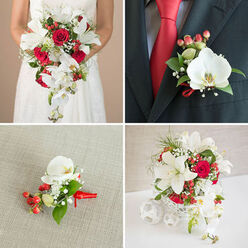 This composed four-panel image unfurls a cohesive wedding floral story in warm, muted light, built from the same trio of tones: vibrant red, pure white and verdant green. The principal image-top-left-shows a bride from mid-torso down against a soft beige background, holding a generous cascading bouquet. The bouquet balances open white lilies and compact red roses with the refined drama of white Phalaenopsis orchids that spill gracefully along the stems. Fine sprays of white baby's breath and glossy red hypericum berries are interwoven through layers of mixed foliage and thin, wiry greenery, imparting depth and a lively tactile contrast between soft petals, waxy berries and structured leaves. The overall scent is imagined as a layered whisper: heady rose undercut by lily's fresh spice and the cool, almost creamy scent of orchid.

Top-right offers a close study of the groom's boutonniere on a charcoal suit lapel beside a bold red tie-a single white Phalaenopsis orchid anchors this small piece, accompanied by two clusters of red hypericum, petite baby's breath and small green leaves, tied with a thin red ribbon to mirror the bridal bouquet. The lower-left panel isolates a matching boutonniere on textured beige fabric, revealing craftsmanship and proportion, while the bottom-right displays a centerpiece in a decorative white woven holder, flanked by white spherical décor, echoing the bouquet's composition. Together these panels convey how carefully chosen repeats-flowers, ribbon, colour and texture-create a unified, elegant setting ripe with anticipation for vows exchanged in Stanmore's village churches or nearby celebration venues.