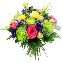 This image shows a generously full, rounded bouquet set against a clean white background, making its vivid colours and varied textures stand out with striking clarity. At the heart of the design, lush hot pink roses open wide, their velvety petals layered in spirals that draw the eye inwards and lend a romantic, celebratory feel. Around them, lime green spider chrysanthemums add a contemporary twist, their many fine, elongated petals reaching outward in bright chartreuse bursts that recall new spring growth in the green spaces around Stanmore Country Park. Deep royal-purple lisianthus blooms are scattered throughout the arrangement, some in full bell-shaped flower, others still tightly budded; their jewel-toned petals introduce depth and a sophisticated contrast to the brighter shades. Cheerful yellow gerbera daisies are interspersed between the roses and chrysanthemums, their broad, daisy-like faces glowing with warmth and adding a sense of optimism, much like sunlight falling through a bay window in a Stanmore townhouse. A single cream or pale yellow rosebud, still neatly furled, peeks from the base of the bouquet, a quiet note of gentleness within the more vibrant palette. Delicate filler flowers in soft pink and lavender tones, together with slender green buds, provide intricate detail and a sense of upward movement. The flowers are cradled by abundant greenery: dark, glossy leaves, eucalyptus-style stems, and textured fern fronds create a rich, verdant base that frames the colours and enhances the sense of freshness. The bouquet feels thoughtfully composed and freshly prepared, ideal for same-day delivery around Stanmore and neighbouring streets off The Broadway, perfect for marking birthdays, anniversaries, or any joyful moment that calls for a burst of colour.
