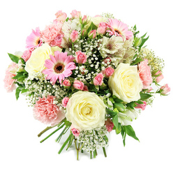 The bouquet in the photograph is round, lush, and beautifully composed, resting against a clean white background that enhances its soft, romantic palette of creams, ivories, and pinks. Several large cream roses form the visual anchor, their velvety petals unfolding in smooth curves that hint at luxury and gentle affection. They are surrounded by clusters of pink spray roses, some tightly closed, others opening into miniature rosettes, creating layers of colour and giving the impression of a bouquet caught at the perfect moment of bloom. A number of pink gerbera daisies stand proudly among the roses, their wide, flat petals radiating evenly from dark brown centres, adding a dash of fun and brightness that feels in tune with cheerful gatherings around Stanmore's parks and cafés. Fluffy, pale pink carnations provide extra depth and volume, their ruffled petals forming soft, dense domes that invite the eye to linger. White alstroemeria, sometimes called Peruvian lilies, tuck into the spaces between larger blooms, their slender, subtly striped petals bringing a refined detail reminiscent of fine brushstrokes. All through the arrangement, fine sprays of white gypsophila weave like delicate lace, lightening the overall look and linking the individual flowers into one cohesive whole. Fresh green leaves appear at varied angles, adding a vital contrast that keeps the pastel hues from becoming overly sweet, instead creating a natural, garden-fresh impression. At the base, the visible stems are neatly tied together, suggesting the skilled work of a Stanmore florist preparing a bouquet for same-day delivery, perhaps to celebrate an anniversary near Bentley Priory or offer warm wishes after a special occasion at a local synagogue or community hall.