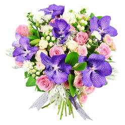 Photographed against a clean white backdrop, this opulent floral bouquet appears luminous and carefully composed, the sort of arrangement a dedicated Stanmore florist might prepare for a truly meaningful occasion. The bouquet is anchored by dramatic Vanda orchids in shades of deep purple and blue, their generous petals decorated with fine speckles and veins that create almost a mosaic effect, suggesting luxury and a touch of the exotic. Around these commanding flowers, blush-pink roses unfold with gentle grace, some still partially closed, others fully open and revealing layers of velvety petals that evoke affection and nostalgia. Creamy white spray roses cluster together between the larger blooms, adding a soft, cloud-like fullness and an understated elegance. Fine white filler flowers-delicate and star-shaped-emerge here and there, giving the arrangement a light, airy feel, while polished hypericum berries in white or pale cream offer round, smooth accents that contrast beautifully with the roses' ruffles. Silvery-green dusty miller foliage weaves through the composition, its feathery leaves lending a cool, misty tone that softens the colour palette, much like early morning light over Stanmore Country Park. This sits against a strong frame of glossy dark green leaves, which add depth and highlight the vivid colours of the blooms. The stems are gathered neatly and finished with an iridescent silver-purple ribbon tied in a refined bow, its translucent tails trailing softly. Overall, the bouquet conveys a mood of thoughtful celebration and polished romance, ideal for anniversaries, birthdays, engagement surprises, or elegant floral delivery to loved ones around Stanmore and nearby suburbs.