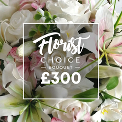 On a tranquil Stanmore morning, this Florist Choice Bouquet feels like a warm embrace assembled by hands that know the neighbourhood. White roses stand in elegant pairs and solitary blooms, their petals satin-smooth and cool to the touch in the frame, while white lilies rise with pure stature, their inner petals tinted with a delicate pink. The arrangement is punctuated by smaller pink blossoms, tender and bright, and by fresh green foliage-eucalyptus among them-that lends texture and a subtle woodland scent even through a photo. The bouquet is dense yet controlled, a statement of refined taste that speaks to events large and small alike. A white rectangular overlay sits centered, bordered by a fine line, announcing the composition: Florist in a flowing script, CHOICE BOUQUET in bold uppercase, then ? BOUQUET ?, and the price ?300 in crisp white. The overlay's transparency allows the blossoms to glow through, as if the bouquet were lit from within. This image would sit well on a Stanmore delivery page, promising same-day or next-day service to families on Queensbury Road, Stanmore Hill, or beyond. The fragrance suggested by the visual is clean and gentle, the mood generous and thoughtful. It's the kind of bouquet that says, I'm with you in this moment, whether it's a celebration, a sympathy gesture, or a grand gesture of appreciation, all crafted by a local florist who cares about every petal and stem.