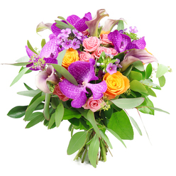 Captured against a clean, pure white background, this abundant bouquet looks as though it has just been turned in the hands of an experienced Stanmore florist, every flower precisely placed. Bold Vanda orchids in a luminous purple take centre stage, their broad petals smooth and velvety, crossed with distinctive speckles that create a sense of depth and luxury. Around them, clusters of vivid orange roses offer a warm counterpoint, each bloom neatly furled with tightly packed petals that suggest freshness and resilience, like a burst of sunset light over Stanmore Hill. Between these brighter notes, pale blush and pastel pink garden roses soften the palette, some still in bud and others opening into romantic, layered rosettes with a gentle, plush texture that invites the eye to linger. A few slender calla lilies in refined shades of plum and muted lavender rise above the rounded mass, their trumpet-shaped forms giving an elegant, contemporary line that would sit beautifully on a dining table in a home off Marsh Lane or near Stanmore Broadway. The flowers rest on a generous bed of greenery: elongated, silvery eucalyptus leaves sweep outward with a soft, matte sheen, while darker, glossy leaves fill in the arrangement and make the vibrant blooms stand out more vividly. Delicate sprigs of lavender filler flowers and small green accents are woven throughout, adding intricate detail without detracting from the main blossoms. At the base, the stems are clearly visible, carefully aligned and tied to create a classic hand-tied bouquet, perfectly suited for same-day delivery across Stanmore, Queensbury, and nearby Harrow, bringing joy, colour, and a touch of refined floral artistry to any special moment.