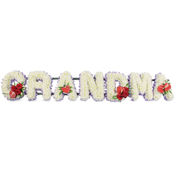 The image shows a lovingly crafted funeral tribute where the word GRANDMA is spelled out in large capital letters, laid horizontally as if ready to be placed at the front of a chapel or crematorium in Stanmore. Each letter is densely padded with pure white chrysanthemums, their small, cushion-shaped blooms pressed shoulder to shoulder so that no gaps are visible, creating a soft, plush surface that invites the eye to rest. Around the edges, a fine band of pale purple ribbon or backing outlines each character, the faint lilac shade adding depth and subtly softening the starkness of the white. Carefully positioned highlights of red break through this calm sea of white: on the G, a generous cluster of deep red roses and a distinctive variegated red-and-white calla lily nestle into the curve of the letter; the first A is set off by a single, heart-shaped red anthurium near its base, its waxy sheen catching the light. The central M bears another grouping of velvety red roses paired with a second red anthurium, and the last A is similarly finished with a solitary red anthurium, creating a gentle rhythm of red along the length of the tribute. The entire word is supported by a slim, dark green metal frame, almost hidden from view, yet holding the letters confidently, much like the stands used by local florists delivering to churches and crematoria around Stanmore, Bushey, and Harrow Weald. The tribute feels both personal and traditional, an elegant floral expression of love, remembrance, and gratitude for a grandmother who meant so much to her family.