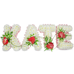 A carefully artful tribute created by a local Stanmore florist spells the name KATE in pronounced capital letters, each letter formed from a dense, uniform carpet of small white chrysanthemums that give a soft, cushiony surface and an atmosphere of serene purity. A frilled pale pink ribbon trims the outer contour of every letter, its pleated edge catching light and introducing a gentle blush that softens the white composition. Glossy red anthuriums - their heart-shaped spathes and distinctive spadices vivid against the neutral base - are nestled into each letter in compact clusters that read like warm, red beacons of affection. Lush dark green foliage, from delicate fern fronds to broader glossy leaves, is artfully interspersed beneath and around the anthuriums, creating depth, natural contrast and a tactile green framework. Thin green tendrils and vines weave between letters, linking them with a sense of continuity and a quietly organic rhythm. The arrangement rests on a clean white backdrop, its subtle drop shadow lending three-dimensional clarity to each letterform. The overall mood is composed, respectful and intimate - the restrained chrysanthemum scent carrying a green, slightly herbaceous note while the anthuriums offer a visual warmth. Designed for memorial services, wakes or graveside tributes in Stanmore and surrounding neighbourhoods such as Bentley Priory and Stanmore High Street, this personalised piece is offered by Flower Delivery Stanmore as an example of thoughtful, locally crafted funeral floristry.