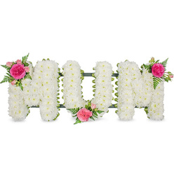 The photograph features an elegant floral arrangement that spells MOM in bold capital letters, the kind of tribute often seen resting near the front of a chapel or beside a casket during a service in Stanmore. Each letter is meticulously filled with compact white chrysanthemum heads, so densely clustered they form a thick, padded layer of petals that looks as though it would yield gently to the touch. The white blooms are fresh, uniform, and luminous against the plain white backdrop, radiating a sense of purity and reverence. Beneath this sea of petals, a dark green frame can be glimpsed along the lower edges, quietly supporting the design and adding a narrow band of colour contrast. To break the expanse of white and bring warmth to the tribute, three carefully balanced clusters of pink flowers and greenery are introduced. At the upper left corner of the first M, a vivid fuchsia rose draws the eye, its many ruffled petals framed by paler pink spray roses and closed buds, suggesting love that continues beyond words. Between the O and the last M, a second, slightly lower cluster of the same pink tones nestles into the chrysanthemums, linked visually to the final accent at the top right of the last M, where another focal pink rose and delicate ferns complete the design. The feathery fern leaves add lightness and a hint of natural movement, softening the structured lettering. Together, the white chrysanthemum base and the vibrant pink highlights create a tribute that feels both traditional and personal, ideal for families in Stanmore wishing to express deep affection and remembrance for a mother through fresh, beautifully arranged flowers.
