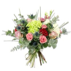 Set against a stark white background, this hand-tied bouquet reads like a small, bursting garden gathered for a Stanmore doorstep - something we might prepare at Flower Delivery Stanmore for same-day delivery across Stanmore Common and surrounding streets. The central focus is an exuberant lime-green hydrangea, its dense cluster of tiny petals forming a soft, luminous orb that anchors the arrangement with fresh, springlike energy. Encircling that green heart are several deeply hued red roses whose velveteen petals fold tightly into classic, romantic cups, contrasted by blush-pink and cream roses opening more gently to reveal layered textures of tenderness. Coral-pink carnations, with frilled edges and lively, crinkled faces, scatter warmth through the bouquet and add a cheerful, cottage-garden note. Interwoven for contrast are steel-toned Eryngium thistles - spiky, architectural and slightly maritime in their blue-grey hues - which give the design a modern, sculptural twist. Lush sprigs of silvery eucalyptus breathe a cool, aromatic counterpoint while slender blades of green grass or tall filler foliage lend vertical movement and a sense of air. The stems are neatly gathered and tied with a natural fibre, leaving clean, green ends exposed to show the fresh-cut craftsmanship. Bathed in soft daylight, the colours - greens, reds, pinks and steely blues - pop crisply against white, making this bouquet ideal for an anniversary on Stanmore Broadway, a bright table centerpiece, or a thoughtful delivery to someone recovering near Stanmore station.