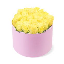 A stylish pastel pink hat box, brimming with yellow roses, is photographed in a clean, studio-style setting that lets the colours and textures speak for themselves, much like the refined homes dotted around Stanmore and Canons Park. The cylindrical box has a soft, matte surface that hints at velvet or suede, giving the piece a tactile, luxurious character even before you notice the flowers. Above its rim rises a lavish dome of yellow roses, around two dozen in all, nestled so closely that they form a seamless field of petals. Each bloom unfurls in graceful spirals, transitioning from pale, buttery centres to more saturated, golden-yellow edges, creating a gentle play of light and shadow across the arrangement. Tiny flashes of green foliage appear between some of the roses, introducing a natural accent that keeps the design from feeling too formal. The entire composition is set against a pristine white background with soft, even lighting that eliminates harsh shadows and brings out the true hues of both roses and hat box. The overall mood is joyful yet sophisticated, the sort of premium flower box that would make an ideal delivery for a Stanmore birthday brunch, a thank-you after a dinner near Stanmore Station, or a surprise gesture for a new homeowner in the leafy streets around Belmont Circle. You can almost imagine the soft fragrance of freshly cut roses filling a hallway as the lid of the delivery box is lifted to reveal this luminous display.