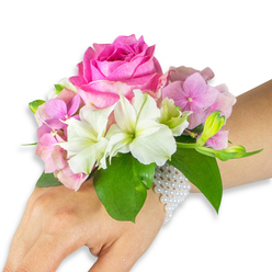 An elegant wearable bouquet shown on the left wrist and forearm, photographed on a simple white background to let every detail speak: the focal point is a full, deep fuchsia-pink rose whose dense, layered petals open in a satin spiral. Surrounding the rose, soft, blush-pink hydrangea florets create a voluminous, textured cushion that picks up the light and softens the arrangement's silhouette. Scattered among the hydrangea are clean white alstroemeria (Peruvian lilies), each with four to six delicate petals and a whisper of pale green streaking at their centers, lending brightness and a refined, botanical edge. To the right, a small cluster of pale green alstroemeria buds and a handful of barely opened pink buds hint at unfolding life, while broad, deep emerald leaves anchor the composition and provide a cool, glossy counterpoint to the warm florals. The corsage is secured by an elegant multi-strand band of small white pearls, wrapped as a delicate bracelet that extends slightly down the back of the hand and gives the piece an heirloom feel. As a local florist I picture this tied up for a Stanmore bride stepping out near Canons Park or a prom-goer arriving from Stanmore High Street: the subtle imagined scent of rose and lily, the soft morning light catching petal edges, and the tactile contrast between velvet petals and smooth pearls all speak to careful craftsmanship. Available for local events and thoughtful deliveries across Stanmore, this piece is understated, romantic, and made to sit comfortably on the wrist during vows, photographs, and dances - prepared with the neighbourhood's attention to detail by Flower Delivery Stanmore.
