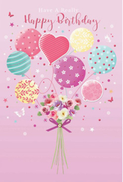 In this charming birthday artwork, a whimsical bouquet of balloons and flowers rises together, creating a sense of light-hearted celebration perfectly suited to Stanmore's relaxed, leafy character. The scene unfolds on a soft pink backdrop, soothing and warm, like the gentle glow of sunset over Bentley Priory. At the base, a small hand-tied bouquet forms the foundation. Its flowers are detailed with care: petite rose-like blooms and daisy-inspired blossoms in creamy white, blush pink, and cool mauve nestle together, their overlapping petals giving a plush, almost touchable texture. The stems gather neatly and are tied with a vivid violet satin bow, its loops and tails rendered with a subtle sparkle that suggests movement and craftsmanship. From this cluster, fine lines extend upward into a lively gathering of pastel balloons. Each balloon has its own character-some wrapped in swirling stripes, others dotted with playful spots or decorated with delicate floral patterns. The colour palette blends seafoam greens, soft yellows, ballet-slipper pinks, and gentle lavenders, creating a harmonious rainbow of subdued hues. At the heart of the cluster sits a heart-shaped balloon, a quiet symbol of affection that makes the card especially personal. Light seems to wash over the balloons, creating reflections that add rounded depth and the impression that they are gently lifting skyward, perhaps drifting above the quiet streets near Stanmore Hill. Tiny stars and butterfly motifs hover around the scene like scattered confetti, reinforcing the festive atmosphere. The overall mood is joyful yet tender, as if this illustration were the perfect companion to a carefully delivered birthday bouquet arriving at a doorstep anywhere across Stanmore.