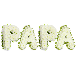 A solemn and lovingly made memorial arrangement forming the word PAPA in bold, uppercase letters against a pure white backdrop, each letter composed of dense clusters of small white chrysanthemums or similar delicate white blooms. The flowers are arranged tightly to create a rounded, plush surface on each letter, giving the piece a soft, tactile appearance that reads as both elegant and deeply personal. A folded, light green ribbon or a delicate band of fresh foliage outlines each character with a gentle wave, providing crisp definition and a calm, natural contrast to the white blossoms. The letters sit in a neat horizontal line, balanced and dignified, the kind of bespoke floral tribute families request for funerals, memorial services, or a graveside farewell. You can almost imagine the faint, comforting scent of the chrysanthemums in the still air of a chapel; the overall impression is one of quiet respect and attentive craftsmanship. As a Stanmore-based floral studio familiar with services at St. John's Church and small family gatherings around Stanmore Hill and Stanmore Broadway, we design these pieces to hold shape through viewing and transport-Flower Delivery Stanmore offers sensitive local delivery and careful handling to ensure the tribute reaches the service in pristine condition. The classic white and green palette here conveys peace and remembrance, honouring a beloved father figure with understated grace, and offering mourners a focused, heartfelt emblem of memory and devotion.