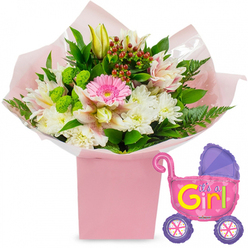 A joyful, feminine baby girl bouquet and balloon set is shown against a bright white backdrop, the simplicity of the background allowing each bloom and detail to stand out clearly. In the middle of the composition sits a modern, square gift box in soft pastel pink, reminiscent of the gentle tones often found in Stanmore nurseries. Emerging from this box is a lush arrangement of fresh flowers, composed in harmonious shades of pink, white, green, and touches of red. A single vivid pink gerbera daisy forms the focal point, its round, daisy-like petals overlapping in a cheerful burst. Around it, generous heads of white chrysanthemums provide a cushion of fluffy texture, while slender Alstroemeria lilies open in pale pink and white, their speckled throats adding a hint of playful pattern. A closed yellow lily bud rises slightly above the other blooms, symbolising the promise of more beauty to come, much like the early days with a newborn. Between the flowers, compact lime-green button blooms add a contemporary, textured accent, and rounded red Hypericum berries nestle like tiny jewels among the greenery. Long, dark green leaves and airy fern fronds soften the edges of the design, giving it fullness and movement. The stems are carefully gathered and wrapped in layers of ballet-pink tissue paper and clear cellophane that crinkle softly and catch the light, as if the bouquet has just been prepared at Flower Delivery Stanmore for a same-day surprise to a home off Marsh Lane, near Canons Park, or along Stanmore Broadway. To the right of the bouquet, a shiny foil balloon shaped like a traditional baby stroller floats lightly. The balloon is predominantly hot pink, with a deeper purple hood and two purple wheels decorated with colourful spokes. Across its side, the words It's a Girl! appear in bold yellow and green lettering, framed by tiny pink hearts. The overall scene radiates warmth, joy, and proud celebration, perfectly capturing the spirit of welcoming a baby girl into the Stanmore community.
