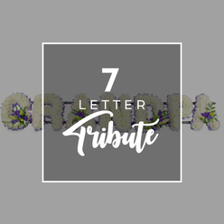 A tasteful, contemporary design fills this image, beginning with a soft grey background that feels calm and unobtrusive, like the stillness before a service begins. In the centre, a deeper grey square is outlined by a fine white border that subtly draws the eye inward. Within this square, white lettering is arranged in three lines: the bold numeral "7" stands at the top, beneath it the word "LETTER" appears in smaller, all-caps sans-serif type, and the final word "Tribute" stretches gracefully across the bottom in a flowing script reminiscent of careful penmanship. Just beyond the edges of this central block, peeking from both the left and right sides, is a floral tribute spelling "GRANDAD" in seven individual letters. Each letter is formed from an abundant bed of white chrysanthemums or similar compact flowers, giving a plush, full appearance with a delicate, ruffled texture. Carefully placed throughout the letters are clusters of deep purple blooms and sprigs of greenery, lending depth and contrast without disturbing the calm, predominantly white look. The purple flowers add a quiet richness, suggesting dignity and respect, while the green foliage brings a hint of natural freshness, as if the tribute has just been arranged in a Stanmore florist's workshop before being taken to a local chapel or graveside. The alignment of the letters suggests they are mounted on a small base, ready to stand proudly by the coffin or memorial table. Overall, the composition illustrates a personalised seven-letter funeral tribute, where a much-loved "GRANDAD" is honoured in flowers that carry the emotions family members might struggle to put into words.