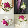 This four-part collage traces a single, cohesive wedding flower theme, as though following a couple from vows in a Stanmore church to an evening reception nearby. The top-left panel captures the bride from the neckline down, clad in a strapless white gown whose smooth fabric catches the light gently. She cradles a generous, rounded bouquet, rich with velvety fuchsia peonies in full bloom. Their densely layered petals contrast beautifully with white alstroemeria, each petal marked with fine maroon streaks near the throat. Slender, spiky light-green florets peep out between the blooms, while dark green leaves cup the arrangement, giving it a romantic, hand-tied feel, the sort you might see carried down the aisle at a Stanmore synagogue or local registry office. In the top-right frame, the groom's charcoal-grey suit and lavender tie form a simple, elegant backdrop to a single boutonniere. This lapel flower is made up of a few white alstroemeria blossoms, touches of green texture and small, glossy leaves, all bound with a lavender satin ribbon that gleams faintly where the light hits, tying his look to the bride's bouquet. The bottom-left image reveals a smaller bouquet or toss posy resting on a lightly textured beige fabric, reminiscent of reception linens from a venue near Stanmore Hill. It echoes the main bouquet's colours and flowers - fuchsia peonies, white alstroemeria and green foliage - with its stems wrapped in a bright lavender ribbon. In the final bottom-right panel, a wedding centrepiece sits ready for the reception tables: the same flowers are arranged compactly in a white woven spherical vase, its criss-cross texture complemented by three pale wicker spheres grouped beside it. Together they demonstrate how one floral palette can create a harmonious wedding story across Stanmore, from personal flowers to table décor.