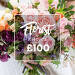 A close, hand-held view of a lush, hand-tied bouquet whose soft palette reads like a love letter in petals. At the image centre a thin white rectangular frame sits over the blooms, the flowing script Florist's Choice layered above smaller uppercase CHOICE and a bold sans-serif ?100 at the bottom, clearly stating this expert selection and price. The bouquet itself is an artisan mix: several large, velvety pink garden roses dominate with their ruffled, peony-like petals; interwoven are deep plum hellebore-like florets that give the composition dramatic depth; delicate striped sweet peas in pale lilac and white trail like miniature flags of scent and texture. Soft peach and coral ranunculus or similar layered blooms provide warm, romantic highlights, while creamy white accents and frilly spray blooms catch the light. Lush green foliage - a mix of slender trailing vines and broader, matte leaves, perhaps a touch of eucalyptus - forms a verdant backdrop that amplifies the garden-style, organic feel. The lighting is soft, natural morning light that highlights petal sheen and shadow, inviting touch and promising freshness. A pair of hands gently cradles the stems at the base, the faint blur of light-coloured clothing behind them keeping the focus entirely on the floral craftsmanship. This image reads as a bespoke, luxurious gift: perfect for weddings, anniversaries, or a tender 'thinking of you' moment. It evokes the scent of freshly cut blooms and the careful eye of a florist choosing seasonal perfection for someone special in Stanmore or nearby Canons Park.