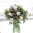 A softly glowing bouquet of creamy white roses, lavender alstroemeria, and airy baby's breath stands in a clear cylindrical glass vase, illuminated by natural daylight that feels like it's streaming through a window on a quiet Stanmore morning. The white roses are fully opened yet still pristine, their layered petals curling outward in gentle spirals that suggest tenderness and calm. Around them, clusters of alstroemeria in muted purples and lilac-lavender tones add subtle drama; some blooms are fully open, showing fine darker veining on their petals, while others remain in tapered buds, still held by fresh green sepals. Tiny, cloud-like sprays of white gypsophila drift between the larger flowers, softening every edge and giving the arrangement an almost misty halo when viewed against the bright, out-of-focus background. Lush green foliage frames the bouquet, with broad, glossy leaves and slender stems creating a deep green base that makes the pale blooms glow even more. Through the transparent vase, straight, neatly trimmed stems are visible, immersed in clear water that hints at just-cut freshness, as if the flowers have come straight from a local Stanmore market or a walk near Bentley Priory Nature Reserve. The overall shape is rounded and full, carefully balanced without feeling rigid, like a conversation between textures and tones. This design radiates quiet comfort and refined celebration, suited to a bedside in a Stanmore Hill home, a thoughtful sympathy gesture, or a gentle congratulations bouquet delivered across the HA7 area, carrying with it a faintly sweet, green fragrance and a sense of peaceful renewal.