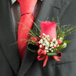This image shows a refined red rose boutonniere pinned neatly to a dark charcoal suit, the kind you might see on a groom stepping out of a car near Stanmore Station or arriving at a ceremony close to Bentley Priory. At the centre sits a single, perfectly formed pinkish-red rose, its velvety petals layered in a tight, romantic swirl that looks both strong and tender. Surrounding the rose, airy sprigs of baby's breath stretch outward, their delicate white blooms dotting the composition like tiny stars scattered across a night sky. Slender stems of light, feathery greenery weave around and behind the focal flower, adding texture and a natural, garden-fresh movement that keeps the design from ever feeling stiff. Nestled at the base are glossy red berries, their polished surfaces reflecting soft light, offering a playful, almost festive accent that ties in beautifully with the bold red tie just above. Everything is bound together with a narrow ribbon, wrapped with the kind of practiced precision a local florist gains from preparing countless wedding party flowers for families across Stanmore. The interplay between the smooth suit fabric, the lush rose petals, and the crisp breath blooms creates a tactile contrast you can almost feel under your fingertips. The overall effect is dignified yet welcoming: a boutonniere that would look at home at a formal registry office ceremony, a prom, or a family celebration at a favourite Stanmore restaurant. It carries a gentle, green-rose fragrance and a quiet sense of occasion, like a small floral signature worn close to the heart.