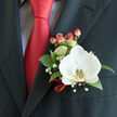Pinned precisely to the left lapel of a dark charcoal suit jacket, this boutonnière presents a single Phalaenopsis orchid as its luminous focal point, the bloom's creamy-white petals spreading like a calm, cool plane against rich fabric. The orchid's central labellum shows a subtle yellow-gold pattern that draws the eye inward, while the bloom's silky surface suggests a faint, powdery fragrance that sits delicately beneath the nose. Clusters of soft pink hypericum berries nestle beside the flower, their rounded forms and gentle blush tones mirroring the deeper red of a satin tie so sharply knotted against a light patterned dress shirt. Tiny sprays of baby's breath scatter around the composition like a mist, giving an impression of cloud-like lightness and hopeful beginning. Glossy green leaves provide an anchoring frame, their surface catching small highlights from ambient light and lending an organic depth to the arrangement. A slim red ribbon is tied around the base, neat and deliberate, echoing the tie and tying the look together with a tactile, satiny finish. Envisioned for a wedding, prom, or a formal evening at a local Stanmore venue-perhaps an intimate ceremony near Canons Park-this boutonnière reads as handcrafted with calm expertise, a small heirloom of texture and color meant to punctuate a jacket lapel with elegance and quiet joy. The overall mood is one of considered celebration, where every stem and ribbon is chosen to enhance both appearance and feeling.