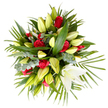 Viewed from above against a clean white backdrop, this densely mounded sympathy bouquet reads as an elegant study in contrast and comfort. Dozens of creamy white and soft-ivory lilies-many long, pale yellow-green buds tapering to points-nestle among about a dozen velvety deep red roses; one large lily near the lower right has opened into a sculpted trumpet, its pristine petals curving back to reveal pale yellow stamens. The roses vary from tightly furled buds to gently unfurling blooms, their saturated crimson petals providing a steady, grounding note amid the pale lilies. Surrounding the flowers is a generous armature of greens: broad dark leaves that give the arrangement weight, feathery palm-like fronds that splay outward and soften the silhouette, and clusters of rounded, silvery eucalyptus leaves that introduce a cool, dusty sheen and subtle textural contrast. The overall lighting is bright but soft, like a quiet morning in Stanmore, revealing velvety petal textures and the slight waxy sheen on the buds. The arrangement conveys restraint and warmth rather than exuberance-a composed, respectful bouquet suitable for a funeral or condolence message, offering solace through classic forms and muted tones. The airflow-suggested scent would be a gentle mingling of lilies' green, slightly soapy perfume with the faint spicy sweetness of rose, anchored by the vegetal whisper of eucalyptus. As you imagine it placed near a memorial table or beside a church pew in the local area-perhaps near Canons Park or Stanmore Broadway-the design feels mindful and comforting, the kind of carefully arranged tribute a local florist might prepare with measured attention and quiet care.