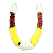A vibrant, U-shaped ceremonial garland sits against a pure white background, its gentle arc creating a soft, realistic shadow that highlights every plush cluster. The top of each arm begins with a dense, cylindrical band of creamy white, chrysanthemum-like blooms-tiny, tightly packed fabric petals that read as airy and pure. These white sections give way to a rich maroon or reddish-brown segment, the petals arranged so closely they form a velvet-like ribbon of colour. Below the maroon, the longest sweep of each arm unfolds into a broad, sunshine-yellow field of synthetic blossoms that appear full and cheerful, the texture reminiscent of handcrafted marigolds. At the lowest point where the two arms meet, a generous, wider cluster of pure white flowers anchors the garland as a luminous focal point, accented by small, dark-green leaf shapes that act as neat separators between colour blocks. The workmanship is evident in the thousands of fabric petals layered to mimic natural growth, the slight sheen of the materials catching soft studio light so that the surface reads as tactile and abundant. Though made of artificial materials, the composition evokes the quiet reverence of ritual use-pooja offerings, temple adornments, Indian weddings and festival décor-and carries culturally resonant colours: white for purity, yellow for prosperity, and maroon for devotion. As a local florist in Stanmore might note while preparing orders for Canons Park events or quiet home altars along Stanmore Broadway, this type of mala is designed to look ceremonially correct and to hold its shape and colour through repeated use, presenting a respectful and celebratory presence for traditional occasions.