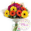 A bright, uplifting Mother's Day-style gift set is depicted here, the type of arrangement that might be delivered by Flower Delivery Stanmore to a family home near the Broadway or around Stanmore Hill. Dominating the central space is a rounded bouquet of gerbera daisies, each flower head large, open, and perfectly shaped. The petals form even, daisy-like circles in three striking colours: sunny yellow, warm orange, and deep magenta with a fuchsia tone, all encircling bold dark centres that emphasise the classic gerbera look. Clusters of smooth, dark green leaves peek out between the blooms, giving the bouquet a natural, full-bodied appearance and enhancing the sense of freshness. The stems are gathered closely and wrapped in a layer of rustic, light brown kraft paper, softly crumpled to create gentle folds and texture. Over this, a clear, glossy cellophane wrap envelopes the bouquet, reflecting light and suggesting professional preparation for local delivery. A length of natural twine is knotted securely around the stems, the fibres slightly uneven, adding a handcrafted touch. The arrangement stands in a tall, slender glass vase filled with clear water, the straight green stems visible from top to bottom, neatly aligned. To the lower right of the flowers, a round white foil balloon adds a playful flourish. Its surface is dotted with scattered metallic gold and shades-of-pink confetti spots and tiny hearts, and at the centre, in elegant flowing pink script, appears the affectionate message best Mum. Together, the vivid gerberas, rustic wrapping, and celebratory balloon convey warmth, joy, and appreciation, ideal for honouring a mother in any part of Stanmore, from quiet residential cul-de-sacs to homes overlooking local green spaces.