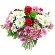 A vibrant mixed bouquet of fresh flowers is shown against a bright white background, its colours glowing as if lit by gentle daylight over Stanmore. The eye is immediately drawn to two prominent, deep red roses at the centre, their petals tightly furled and velvety, evoking passion, admiration, and heartfelt emotion. Encircling these roses is a generous cluster of white daisy-like chrysanthemums, their perfectly shaped petals surrounding lively lime-green centres that lend the arrangement a contemporary, uplifting feel. Interlaced throughout the white daisies are soft to medium pink daisy chrysanthemums with matching vivid green centres, their varied shades of pink creating a sense of movement and playful contrast, like the soft mix of colours seen in local gardens near Stanmore Hill. Fine sprays of pale pink filler flowers, similar to waxflowers, are artfully scattered among the larger blooms, their tiny, starry petals and delicate branching stems adding intricate texture and a handcrafted touch. Lush green foliage wraps around and between the flowers: broad, dark leaves provide depth and structure, while smaller, brighter green leaves contribute lightness and a fresh, garden-like fragrance you can almost imagine. At the base, the stems are neatly bundled and visible, confirming this is a hand-tied bouquet that can be placed straight into a vase upon delivery. The overall impression is one of warm celebration and thoughtful care, perfect for sending as a birthday surprise, anniversary gesture, or simple 'thinking of you' message to a loved one in Stanmore, capturing both elegance and everyday joy.
