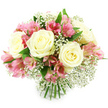 A sophisticated hand-tied bouquet of creamy white roses, pink alstroemeria, and airy baby's breath is displayed against a clean white background, evoking the calm, polished feel of a Stanmore living room prepared for guests. Several generous white roses serve as the main focal points, their petals unfolding in soft, concentric spirals that transition from pure white outer edges to faintly buttery centres glowing under the bright studio lighting. Between these classic blooms, clusters of pink alstroemeria - each stem carrying multiple trumpet-shaped flowers - add a joyful note. Their petals blend gentle blush pink with richer fuchsia tones, marked with fine speckles and stripes that create an almost brush-stroked effect, bringing to mind the changing colours seen on evening walks near Stanmore Country Park. Delicate sprigs of white gypsophila thread through the arrangement, their multitude of tiny blossoms forming a light, cloud-like veil that softens the overall composition and adds a romantic, almost whimsical touch. Lush green foliage peeks from beneath and around the flowers, framing the bouquet with a fresh contrast that enhances both the whites and pinks, much like the surrounding greenery enhances the quiet streets stretching from Stanmore station towards local family homes. At the bottom of the image, the straight, fresh stems are gathered tightly and neatly bound, revealing a classic domed, hand-tied shape designed to sit beautifully in a favourite vase. The lighting is bright and even, casting minimal shadow but enough to accentuate the textures of petals and leaves. This bouquet feels warm, gracious, and versatile - an ideal choice for delivery across Stanmore to celebrate milestones, offer thanks, send sympathy, or simply brighten someone's day with a gesture that is both elegant and heartfelt.