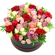 Photographed against a spotless white backdrop, a striking round hatbox of flowers appears almost sculptural, its dense crown of blooms forming a near-perfect dome. The container is a dark grey to black matte cylinder, edged at the base with a slim red band that adds a note of quiet luxury, not unlike a beautifully wrapped gift arriving at a Stanmore home off Marsh Lane or near Canons Park. From this understated base, a lavish mix of premium blooms spills upward and outward. Dominating the eye are large, velvety red roses, their deep, saturated colour and plush texture instantly associated with passion and devotion. Nestled among them are softer tones of light pink roses and clusters of blush spray roses, their smaller blooms lending intricacy and a tender, romantic feeling. Warm peach and coral hues thread through the arrangement, adding a cosy warmth, while creamy white flowers-likely roses or lisianthus-provide bright, luminous points that prevent the palette from becoming too heavy. Subtle touches of lavender and pale purple filler flowers, reminiscent of waxflower or mini carnations, weave between the larger roses, contributing fine, airy detail and expanding the colour story. Throughout the design, lush green foliage such as ruscus or eucalyptus is carefully tucked in, its cool green tones framing the blossoms and giving the bouquet a fresh-from-the-garden sensibility. The flowers are arranged tightly and symmetrically, creating a refined, rounded silhouette that feels both contemporary and romantic. This hatbox arrangement radiates celebration and affection, ideal for anniversaries, birthdays, Valentine's surprises, or elegant thank-you gifts delivered across Stanmore's quiet streets and family homes.