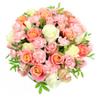 A softly spherical bouquet of pastel roses and carnations is photographed against a pristine white background, giving a clear, unobstructed view of its gentle beauty. The arrangement is composed of numerous large roses in shades of creamy white, pale butter-yellow, soft peach, coral, and blush pink, all packed closely together so their petals almost blend into one another. Each rose displays smooth, velvety petals that spiral outward, some fully open and generous, others slightly cupped, adding layers and depth to the rounded form. Between these focal blooms, small clusters of light pink spray carnations create a delicate ruffle, their many tiny, fringed petals lending an airy, almost cloud-like texture. Sparse yet intentional touches of green foliage weave between the flowers; the narrow, pointed leaves provide a fresh counterpoint to the pastel hues without overpowering them. The container is nearly invisible, suggesting a low hatbox or bowl tucked beneath the dome of flowers, offering structure while keeping the focus firmly on the blossoms. Bright, even lighting floods the arrangement, bringing out the subtle interplay of warm and cool tones and emphasizing the soft shadows that define the bouquet's shape. The overall feeling is one of serenity, joy, and gentle celebration-perfect for a birthday, engagement, or thank-you gift delivered to a home or office in Stanmore, perhaps along Marsh Lane, near Stanmore Golf Club, or in the quieter residential roads. One can easily imagine this bouquet taking pride of place on a dining table, adding a sense of polished elegance and springlike freshness to everyday life in the local community.