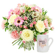 In this carefully lit studio photograph, a heartfelt floral gift bundle is displayed against a bright white background, creating a sense of freshness and clarity. The left side of the image is dominated by a lush, round bouquet whose gathered stems are neatly visible at the bottom, suggesting a hand-tied design ready to be placed in a favourite vase at home in Stanmore. The bouquet's colour story revolves around soft pinks, creamy whites, and hints of pale yellow, enhanced by sprigs of gentle greenery. Elegant cream roses open wide at the centre, each bloom with velvety, spiralling petals that radiate outwards. Around them, pale pink gerbera daisies and deeper pink variants, some with rich dark brown centres, bring a cheerful daisy-like brightness. Ruffled pink carnations lend a playful, textured effect, while small clusters of pink spray roses or rosebuds introduce extra depth and romantic detail. Scattered throughout, fluffy white baby's breath creates a light, cloud-like veil, giving the bouquet an ethereal softness. A few green leaves peek out, adding contrast and a sense of garden freshness. Positioned just to the lower right of the bouquet is a pristine white ceramic mug, its curved handle clearly visible. The mug features a soft pink heart-shaped motif, inside which the word MOM appears in bold black capital letters, with the word BEST neatly printed beneath it in smaller type. An additional abstract, pale pink shape rests below, completing the design. The whole scene feels like a lovingly considered gift set, perfect for delivery across Stanmore, from homes near Stanmore Station to quiet cul-de-sacs off Gordon Avenue, whenever someone wants to celebrate the best mum in their life with both flowers and a daily-use keepsake.