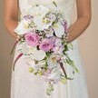 A Stanmore bride is pictured in a softly illuminated frame, holding an extraordinary cascading bouquet that seems to flow with both movement and emotion. At its core, pristine Phalaenopsis orchids radiate outwards, their wide, silky petals and distinctive golden centers providing an air of sophistication. Encircling them, full and beautifully blushed roses in hues of soft pink and serene lavender burst open, mingling their classic fragrance with the gentle sweetness of wedding day anticipation. Delicate sprigs of white baby's breath are artfully scattered through the bouquet, creating an ethereal, airy effect, like morning mist in Stanmore's local parks. Smaller lavender and light purple blossoms peek out here and there, their subtle pastel colours integrating smoothly into the composition. Trailing strands of vibrant magenta Amaranthus add an intriguing cascade, their unique, velvety texture contrasting dramatically with the softer blooms. Bright green foliage and slender, promising buds complete the ensemble, infusing it with freshness and life. The bride's gown, glimpsed above the bouquet, features delicate lace-its traditional design balancing the contemporary lines of the floral arrangement. Together, these elements evoke both timeless beauty and the warm, welcoming character of weddings in Stanmore. This meticulously crafted bouquet, an ideal choice for spring or summer couples, is a testament to local floral artistry and the enduring romance found throughout the community.