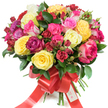 A luxurious, hand-tied bouquet of premium roses arranged against a clean white background, radiating warmth and celebratory cheer. The domed composition is densely packed with a lively medley of roses: sunlit bright yellow blooms, creamy ivory petals, and a spectrum of pinks from soft blush to vivid fuchsia, including a few delicate bicolored pink-and-white roses. Deep burgundy and rich crimson spray roses and clustered small blooms sit low in the arrangement, giving the design weight and contrast while tightly furled buds peek through to suggest freshness and a bouquet that will open further over days. Lush, glossy dark-green foliage - the deep, leathery leaves of ruscus or salal - threads between the flowers, catching light and setting the colours off so each hue feels more vivid. At the gathered stems a wide red satin ribbon is tied into a substantial, elegant bow with long tails; a small white tag bearing a stylised logo and the words Happy Holidays is tucked into the knot, adding a festive, thoughtful accent.
As a florist describing this piece for someone in Stanmore, I imagine it catching the soft morning light that filters through shop windows near Stanmore High Street and Bentley Priory, the petals warmed and slightly dewy. The bouquet's textures - the satiny petals of hybrid tea roses, the clustered tightness of spray roses, the cool sheen of greenery - combine to create a feeling of abundance and careful craftsmanship. Perfect for anniversaries, birthdays or a seasonal gift, this arrangement reads as joyful and heartfelt, an elegant, tactile expression of affection suitable for delivery across Stanmore and its neighbouring streets.