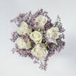 This elegantly understated bouquet is displayed from above, with six ivory-white roses unfolding in perfect concentric spirals at the heart of the composition. Around them, delicate clusters of lilac statice gather in pastel clouds, their fine, airy blossoms creating a gentle contrast that brings out the radiance of the roses-much like the tranquil settings found in Stanmore's residential lanes. Every flower, shape, and hue is thoughtfully balanced, giving the arrangement a full, rounded form that exudes composure and unity. The surface beneath is light and neutral, allowing the crisp whites and soft purples to take centre stage, while the diffused lighting flatters each subtle gradient and plush texture. The bouquet exudes an air of peaceful celebration, seamlessly suited to mark a significant occasion, lighten a moment of loss, or simply infuse a Stanmore home with refined calm. Crafted with compassion and artistry unique to Stanmore's floral community, this arrangement celebrates purity, romance, and local charm in every detail.