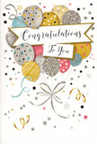 The congratulations card pictured here conveys a sense of graceful celebration, perfectly suited to the gentle, family-focused feel of Stanmore. Its design is dominated by a buoyant bouquet of illustrated balloons gathered in the centre, rising upwards as though freshly released. These balloons are rendered in a soft, harmonious palette of metallic gold, muted silver, champagne, pastel blue, blush pink, and tender grey. Each one is decorated with fine details-minute stars, glittering bands, and delicate speckles-that give the impression of a light, sparkling texture, reminiscent of shimmering party décor at a home near Bentley Priory. Thin golden and silver ribbons trail from the balloons, curling into relaxed spirals towards the lower edge of the card, adding a sense of movement and carefree celebration. All around, the pale background is gently animated by scattered stars, tiny confetti-like dots, and whimsical swirls, as if capturing the flicker of excitement that follows an announcement of good news among friends on The Broadway. A refined banner glides horizontally across the middle, carrying the words Congratulations To You in elegant, flowing script that reads as warm, genuine, and personal. The overall atmosphere is light yet deeply meaningful, echoing the quiet joy that accompanies life's proudest achievements. Viewed through the eyes of a florist, this is the kind of card that pairs beautifully with an elegant bouquet delivered across Stanmore, offering a visual 'bouquet' of balloons to match the fresh blooms that celebrate exam results, promotions, or any cherished success worth remembering.