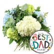 A warm and cheerful Father's Day composition is set against a bright white background, showcasing a handcrafted hydrangea bouquet alongside a vibrant For the BEST DAD EVER! balloon, as though freshly prepared at Flower Delivery Stanmore. On the left, the bouquet forms a generous rounded dome of colour and texture. At its heart, several creamy white hydrangea heads create a soft, elegant centre, each flower made up of tiny, gently overlapping petals that catch the light and give a plush, cloud-like look. Surrounding these central blooms, light blue hydrangeas appear toward the sides and top, bringing a cool, calming tone that feels as tranquil as an early evening walk through Stanmore's residential lanes. At the lower left and right, lime-green hydrangea clusters add lively bursts of colour, suggesting freshness, new beginnings, and the joyful energy of family celebration. Weaving between the blooms are sprays of silvery eucalyptus and deep green foliage, their varied shapes and shades creating depth and movement while hinting at a clean, herbal fragrance. The bouquet's straight green stems are gathered neatly at the bottom, visible and tightly bound to emphasise the hand-tied craftsmanship. On the lower right, overlapping part of the bouquet, a shiny, circular foil balloon completes the scene. The balloon's central panel is white, encircled at the top and bottom by bold black-and-white stripes. Across the middle, the phrase For the BEST DAD EVER! is written in a mix of styles: the words BEST and DAD stand out in multi-coloured letters-reds, teals, greens, some striped, some polka-dotted-while smaller black text introduces and concludes the message. Tiny stars and confetti-like dots scatter around the lettering, and a subtle No. 1 rosette graphic emphasises the sense of pride and admiration. Together, the elegant hydrangea bouquet and lively balloon create a heartfelt tribute, perfect for Father's Day or a special dad's birthday in Stanmore.