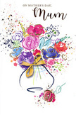Mother's Day card illustration depicting a lively, hand-painted bouquet blooming from a gently curved vase, all created in rich, flowing watercolours with subtle golden accents. The flowers themselves are an uplifting mix of lush purples, vivid fuchsia and cerise pinks, warm coral and apricot touches, and calming blues, blending and overlapping as if freshly gathered from a spring garden near Stanmore Country Park. Deep indigo lines meander through the bouquet, hinting at petals, stems, and leaves without rigid detail, allowing the colours to breathe and mingle. Fine glimmers of gold trace the outer edges of select petals and leaves, and they also pick out the graceful bow tied neatly around the vase, catching the eye like sunlight on a ribbon just before a bouquet is handed over at a doorstep off Old Church Lane. Around the central arrangement, light splashes of colour and tiny heart motifs float in the white space, echoing the joy and affectionate chaos of family celebrations. The vase itself is softly shaded, its rounded form anchoring the composition while remaining understated, so the riot of colour above can fully express the love intended for a cherished mum. The overall mood is airy yet full of feeling-a visual echo of warm hugs, shared stories, and quiet moments of appreciation. Crafted with the same sensitivity to colour and emotion that Flower Delivery Stanmore brings to real bouquets, this card turns a simple painted arrangement into a lasting tribute to mothers across the local community.