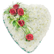 A large heart-shaped floral tribute dominates the frame, highlighted against a pristine white backdrop that emphasises the purity of its colour palette. The heart's interior is completely massed with small white chrysanthemum blooms, set so closely together that they create a thick, cushion-like layer of petals. This continuous field of white suggests innocence, peace, and quiet reflection. Along the entire outer edge, a deep green satin ribbon has been pleated and wrapped, producing a smooth, structured border that clearly defines the heart's outline. Cutting across the upper left of the heart, a dramatic diagonal of five rich red roses brings focus and warmth to the composition. At the top, three of these roses sit in a tight group, their velvety petals forming deep, layered spirals in shades of dark crimson. They are framed by glossy green leaves, airy sprigs of fern-like foliage, and a scattering of tiny white filler flowers that add a light, lacy texture. Two additional red roses are spaced further down and slightly towards the right, guiding the eye in a gentle line. Linking these roses are fine, arching strands of bright green ornamental grass that sweep elegantly over the whiteness of the chrysanthemums. The lighting is soft and even, casting no harsh shadows, which allows the textures of petals, foliage, and ribbon to be clearly appreciated. This heart tribute would feel at home at a funeral or memorial in Stanmore, perhaps resting near a graveside or beside a coffin as a final expression of love. It is a design that many families might choose when they wish to send a simple yet deeply meaningful message of sympathy, remembrance, and enduring affection within the local community.