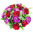 Captured from directly above, this bouquet forms a perfect circle of colour and texture set against a crisp white background. About seven or eight deep red roses are spread evenly across the design, their velvety petals arranged in classic spirals that open outwards from tight centres into generous blooms. The reds shift subtly from radiant scarlet at the edges to more intense, burgundy tones in the shaded folds, giving each rose a rich, layered appearance. Tucked between and around them, abundant carnations in magenta, fuchsia, plum, and royal purple create a tapestry of ruffled petals, every serrated edge contributing to a soft, plush effect. The carnations provide a lively contrast to the smooth rose petals, bringing texture and a sense of joyful movement. Throughout the bouquet, greenery adds freshness and structure: rounded eucalyptus leaves in a cool, silvery-green tone, broader glossy leaves that resemble Ruscus or Salal, and finer stems with small, bright green leaves that introduce lift and lightness. The foliage is carefully placed so that it frames the blooms and maintains the dome-like shape of the arrangement without overwhelming the strong reds and purples. The overall impression is of a meticulously crafted, opulent bouquet that could easily be imagined arriving as a same-day delivery to a home in Stanmore, perhaps near Stanmore Hill. It radiates affectionate intent and a sense of occasion, well suited for anniversaries, birthdays, or any heartfelt celebration where rich colour and lush, fresh flowers are meant to speak on the sender's behalf.