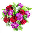 In this image, a sumptuous bouquet of crimson roses and vibrant purple carnations sits at the heart of the frame, radiating warmth and celebratory energy that would feel perfectly at home in Stanmore's leafy streets. The roses are lush and velvety, each bloom unfolding in layered spirals of rich red petals that evoke romance and heartfelt emotion. Interlaced among them, the purple carnations rise in full, ruffled heads, their finely fringed petals overlapping to create soft, cloud-like textures and lively shapes. Together, the interplay of red and purple creates a dynamic, almost theatrical harmony of colour. Encircling the central flowers is a ring of varied greenery. Dark, glossy leaves offer solidity and depth, while smaller, more delicate sprigs of foliage tuck into gaps, rounding out the bouquet with a sense of generous fullness. Slender stems of eucalyptus emerge from within, lifting the design visually with their cool, blue-green leaves that curve gently outward. The eucalyptus introduces a subtle suggestion of a refreshing, clean fragrance, tempering the sweetness of the roses and the gentle spice of the carnations. Soft natural light, much like daylight drifting across Stanmore Common, bathes the bouquet evenly, highlighting the velvety surfaces of petals and the polished shine of leaves while keeping shadows smooth and understated. The bouquet feels crafted for cherished occasions-perhaps an anniversary surprise, a special birthday, or a heartfelt congratulations for a new home near Canons Park Underground-embodying the thoughtful artistry and care of local florists who understand how to let flowers speak volumes through colour, texture, and form.