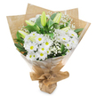 A softly lit bouquet of white and green flowers stands alone against a pure white background, every detail highlighted so the craftsmanship is easy to imagine. At the centre are clusters of white daisy-like chrysanthemums, densely arranged so that their petals overlap slightly, forming a plush carpet of bloom. Each daisy has a distinct yellow-green centre, adding a touch of brightness that keeps the arrangement from feeling stark. Punctuating this cushion of white, several tall lily buds rise proudly, their stems straight and elegant, their outer petals a cool, fresh green that gently transitions to cream and white at the points. Still closed, these buds convey quiet potential, echoing the reflective, hopeful mood of sympathy flowers often delivered to homes and services throughout Stanmore. Scattered between the larger flowers, tiny white gypsophila blossoms rest on fine branching stems, creating a delicate haze that softens the lines of the bouquet. Around the outer edge, glossy dark green leaves provide contrast, their smooth faces catching subtle highlights and framing the white flowers with a rich, natural border. The stems are firmly gathered and wrapped in rustic brown kraft paper, the paper folding into a secure cone around the blooms, giving a sense of handcrafted care. Over this, a layer of clear, gently crinkled cellophane wraps around the base, adding protection and a delicate shine without distracting from the flowers themselves. The overall composition feels calm and composed, the sort of bouquet that would sit quietly on a side table in a Stanmore home, bringing a sense of peace, remembrance, and gentle support to those who receive it.