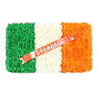 The photograph shows a beautifully balanced floral panel created to resemble the Irish national flag, intended as a funeral tribute and placed on a neutral white background for clarity. The rectangular arrangement is divided into three vertical stripes of equal width. On the far left, a densely packed section of emerald-green flowers fills the space completely, their small heads tightly grouped to create a velvety, almost seamless surface. In the centre, a band of bright white blooms lends a sense of purity and stillness, their clustered petals forming a soft cushion of colour that contrasts gently with the neighbouring stripes. The right-hand section features a vivid spread of orange flowers, their tone warm and uplifting, echoing the pride many families in Stanmore feel when honouring Irish ancestry at local services around Spring Lake and Stanmore Country Park. Running diagonally across the white and orange sections is a smooth, coral-red satin ribbon that adds a formal and personal finishing touch. On the ribbon, the word GRANDAD is written in bold, silver-coloured capital letters, each letter sharply defined so the sentiment is unmistakable even from several steps away. Small white pins or decorative studs anchor the ribbon into the bed of flowers without disturbing the symmetry of the design. The tribute conveys a quiet yet powerful message: it is at once a symbol of national identity and a deeply individual farewell, ideal for laying by the coffin, at the graveside, or on a memorial bench as family and friends gather to remember a much-loved grandfather with Irish roots in the Stanmore community.