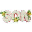A tender, three-dimensional memorial arrangement spells the word 'SON' in large, sculpted block letters, each formed from dense clusters of pristine white chrysanthemum blooms that read as soft, cloud-like surfaces. The letters sit against a clean white background beneath gentle, cool studio light that highlights the subtle sheen of the chrysanthemum petals and the sculpted shadow between strokes. A scalloped band of bright red ribbon traces the outer edge of every letter and curls around the inner contour of the 'O', like a delicate frame that introduces a vivid note of warmth and remembrance against the pure white. At key points - the upper left curve of the 'S', the base of the 'O', and the upper right of the 'N' - three lime-green Cymbidium orchids with waxy petals and pale orange to reddish-brown throats anchor the composition, their smooth texture contrasting with the chrysanthemums' matte softness. Rich green foliage, slender pointed leaves and fine fern fronds spill gently from each orchid cluster, adding a vertical lift and an organic, living rhythm to the otherwise formal lettering. The overall effect is solemn yet comforting, the colours and textures chosen to convey purity, love and enduring memory. This is the kind of heartfelt tribute families in Stanmore and neighbouring Canons Park often choose for funeral services, graveside displays, or memorial viewings, where careful craftsmanship and clear symbolism help express grief and honour a beloved son. Viewed close-up, the arrangement reveals meticulous placement and an attention to texture that speaks quietly of care and respect.