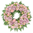 A beautifully composed circular wreath is displayed flat against a pristine white backdrop, the simplicity of the setting accentuating the softness and detail of the flowers. The arrangement features a harmonious blend of roses in calming, muted tones, conveying a sense of quiet respect. Large, full-bloom roses in dusty lavender and subtle mauve form the backbone of the design, each one opening in layered, velvety spirals that seem to invite a moment of stillness. Nestled between these prominent blooms are delicate clusters of blush pink spray roses, some just beginning to unfurl from tight buds, others partially open, their smaller petals creating a fine, intricate contrast to the broad, ruffled lavender roses. Together, they create a tapestry of colour and texture that feels both gentle and complete. Supporting this ring of blooms is a broad base of dark green fern fronds, likely leatherleaf or sword fern, whose finely divided leaves radiate outward from the circle. The foliage provides a deep, lush frame, much like the mature greenery surrounding Stanmore's quieter streets and open spaces, offering a sense of shelter and calm. The lighting is soft and evenly diffused, removing any distraction of shadow and keeping the focus entirely on the interplay of pastel petals and rich green leaves. This wreath feels like a considered choice for a funeral, memorial, or celebration-of-life service in or around Stanmore, thoughtfully arranged to express condolences, remembrance, and a wish for peace. It carries the emotional tone of being placed by loving hands, a floral tribute that speaks gently when words are difficult to find.